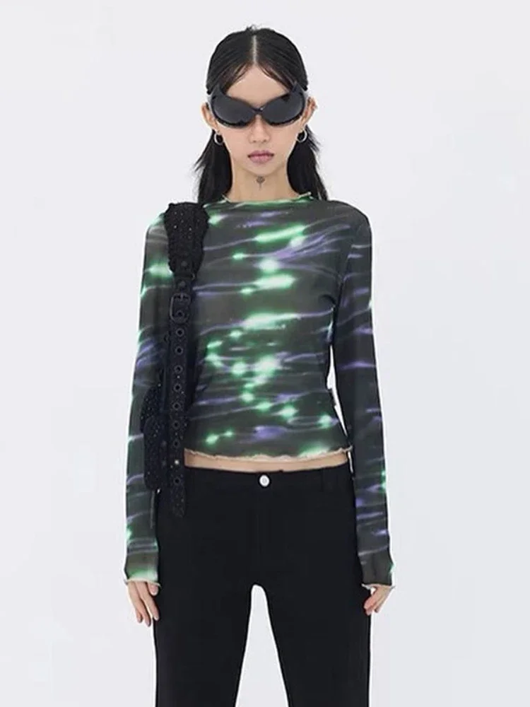 Techwear Fashion See Through T-shirts Cyber Y2k Punk Women Skinny Mesh Sexy Crop Tops Gothic Printed Long Sleeve Tees