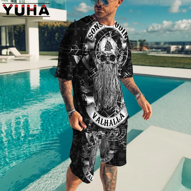 Men's T-shirt and Shorts Set, Casual Sportswear with Scary 3D Skeleton Print, 2-piece Suit, Summer