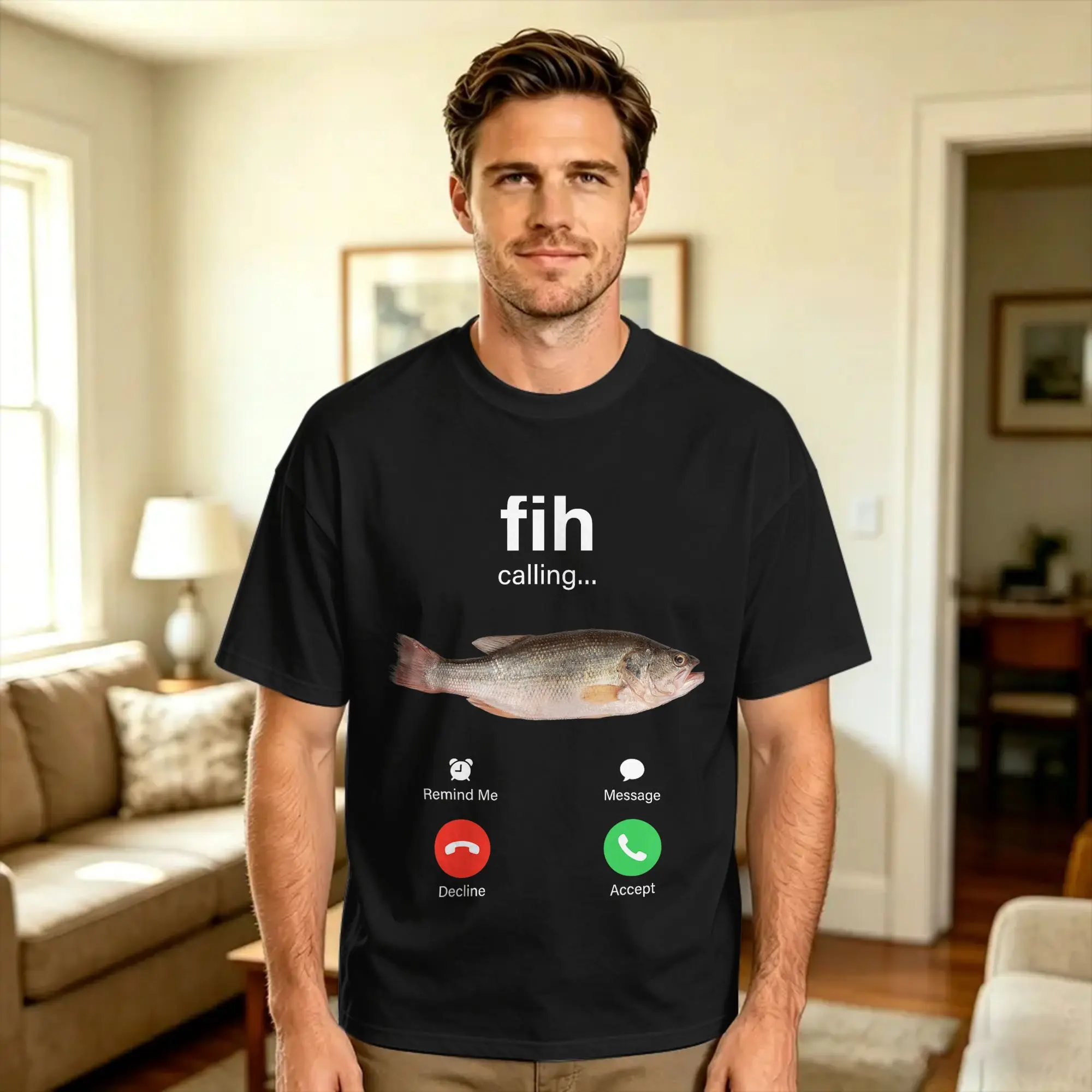 Fih Calling Decline Accept Phone Call Funny Fish Meme Cotton T Shirt For Men Summer  Y2K Funny T-Shirts Harajuku Tee Shirt