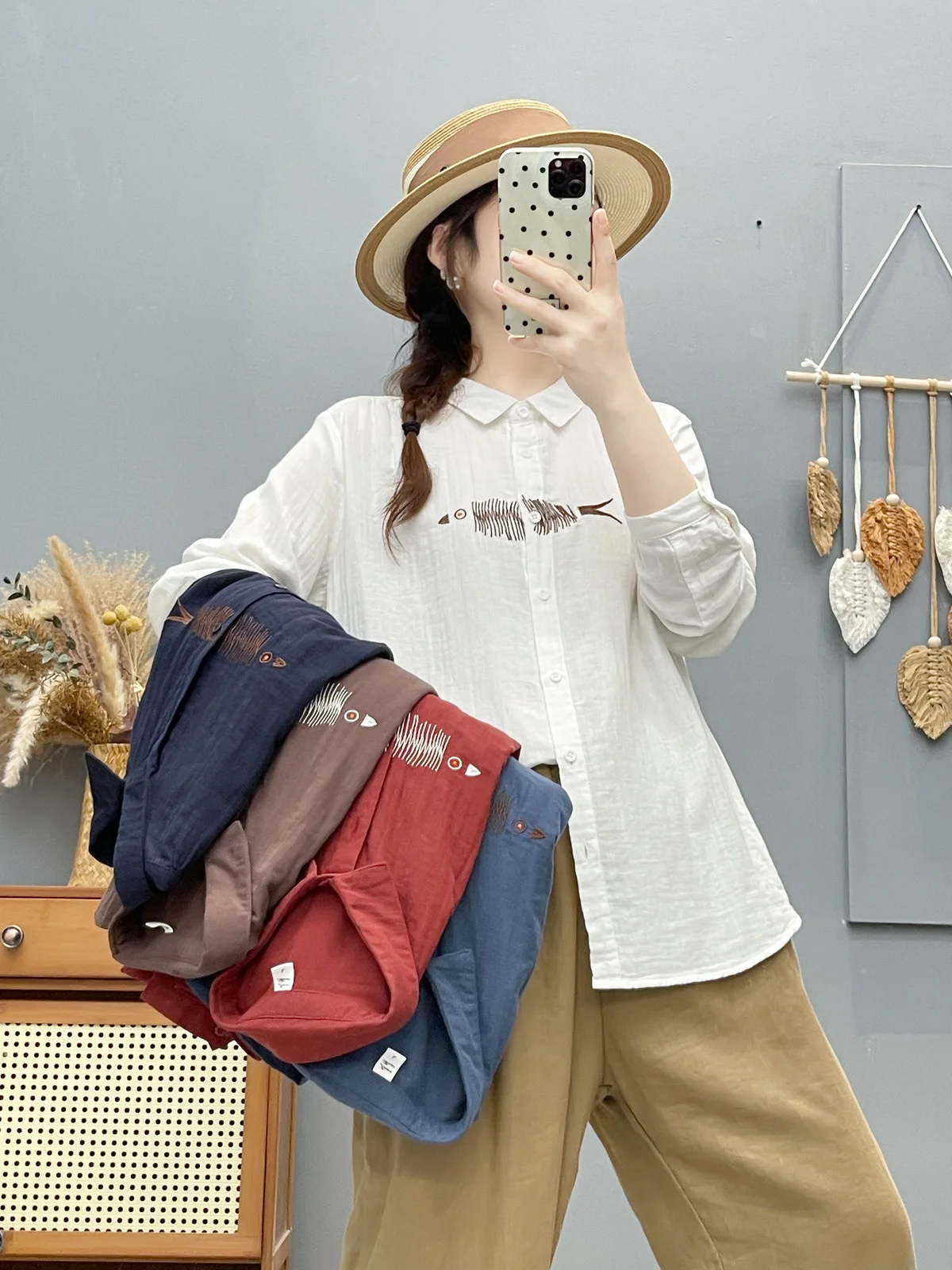 

2026 Mori girl style cartoon fish embroidered shirts and blouses 100% cotton yarn red coffee ladies blouses shirt