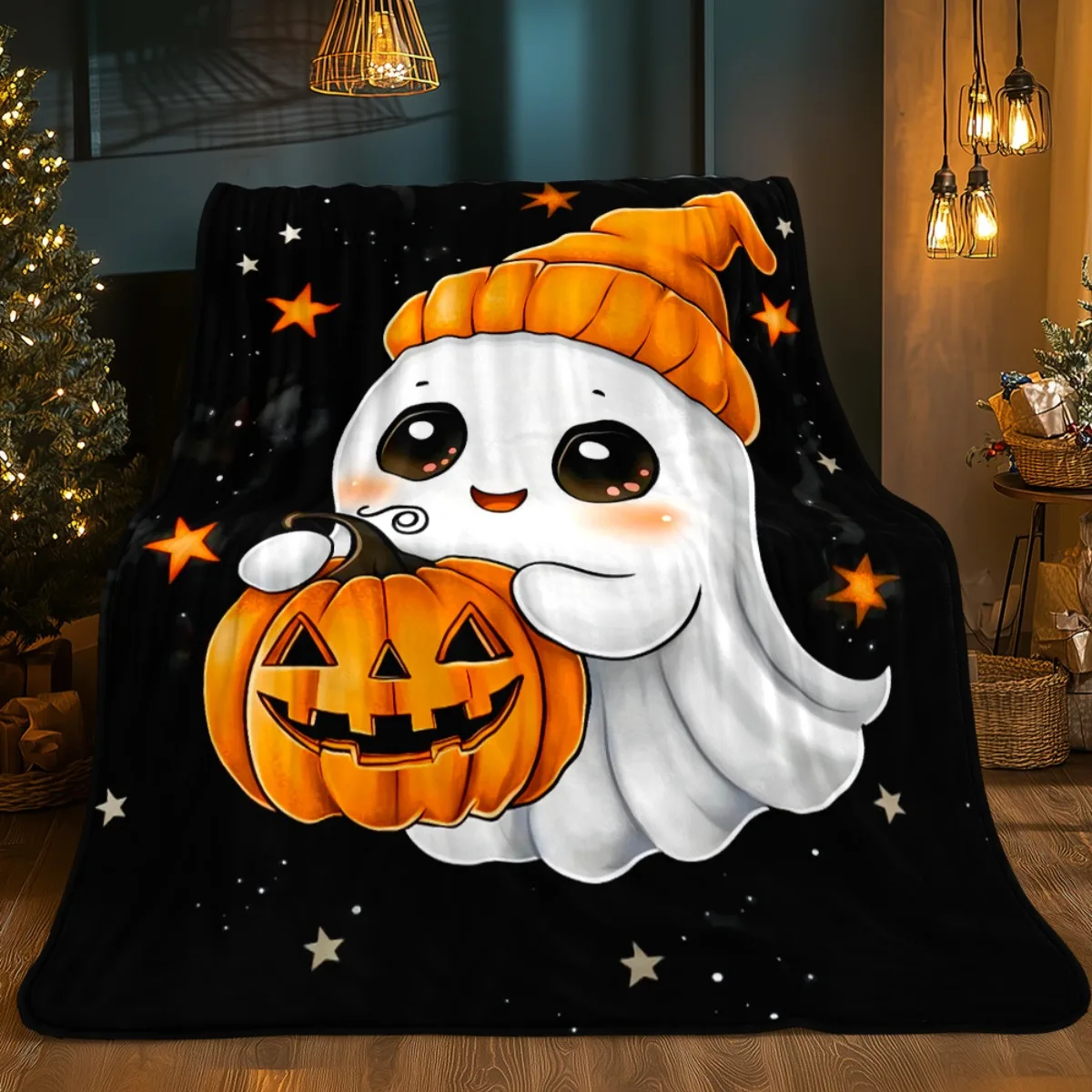 A Lightweight Throw Blanket Featuring a 2D Flat Design of a Pumpkin Ghost, Perfect for Use on a Sofa, During Travel, Camping, Or