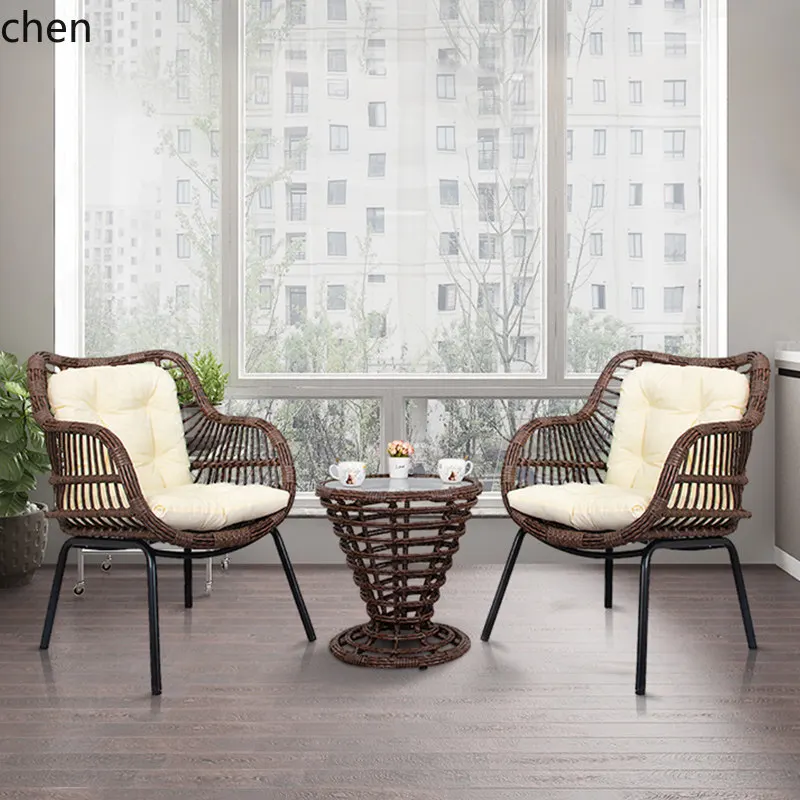 CZ Balcony Small Table and Chair Set, Leisure Outdoor Patio Rattan Chair Set, Three-Piece Terrace Rattan Chair Set