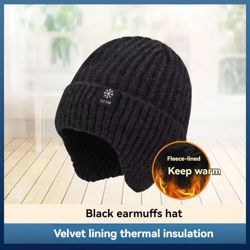 Outdoor Men Winter Knitted Hat Plush Warmth Peaked Cap Earmuff Casual Fashion Faux Fur Lined Bomber Hats Cycling Ear Protection