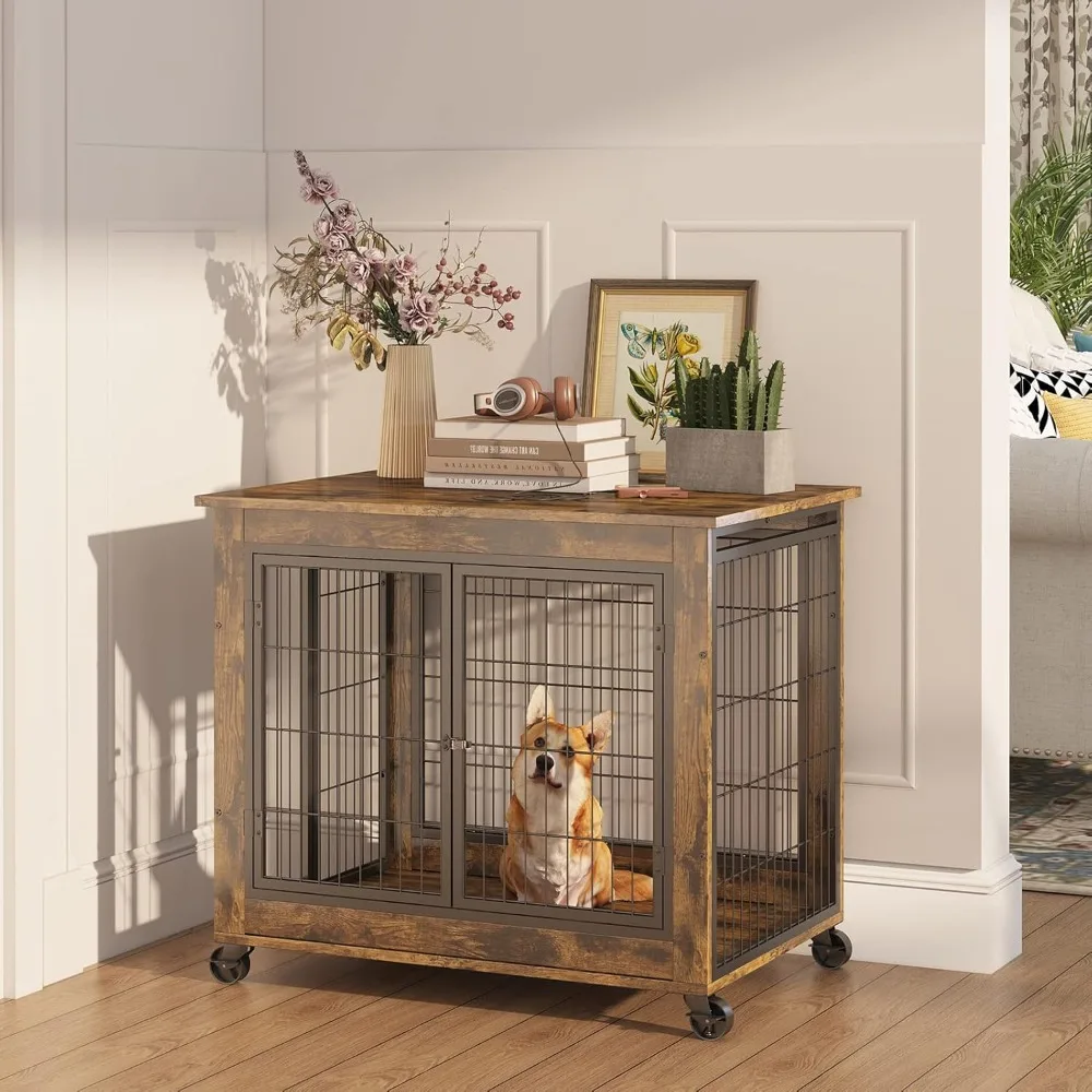 

Dog Crate Furniture, Wooden Dog Crate Table, 31.5" Dog Kennel with 3 Doors, Flip-up Top Opening and Wheels