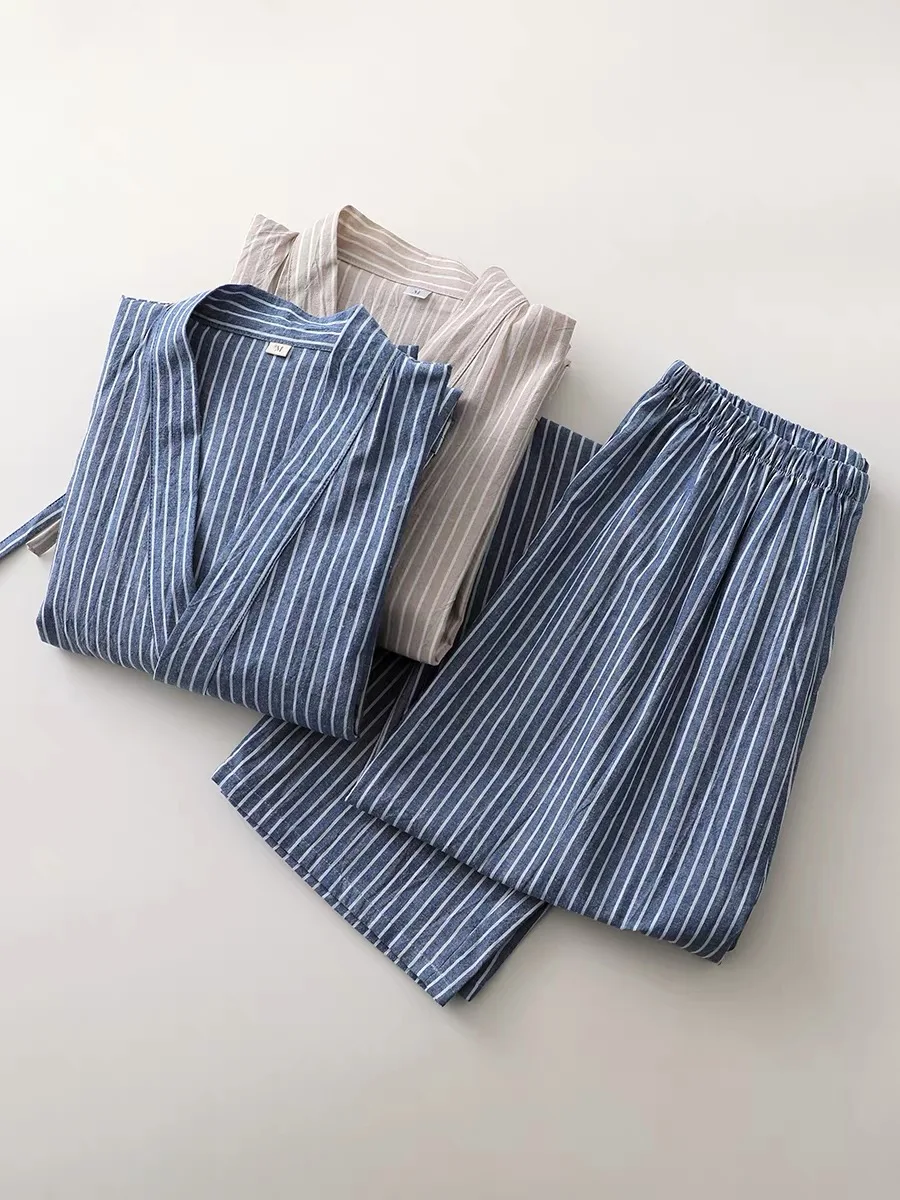 

Японское полосатое кимоно, комплект из топа и брюк, мужская традиционная одежда юката, домашняя одежда из 100% чистого хлопка, одежда для сна, одежда D0109