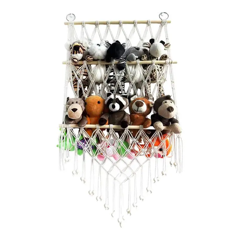 Hamaca de animales de peluche de macramé de doble capa, red de almacenamiento de juguetes, decoración Bohemia, soporte de malla de almacenamiento