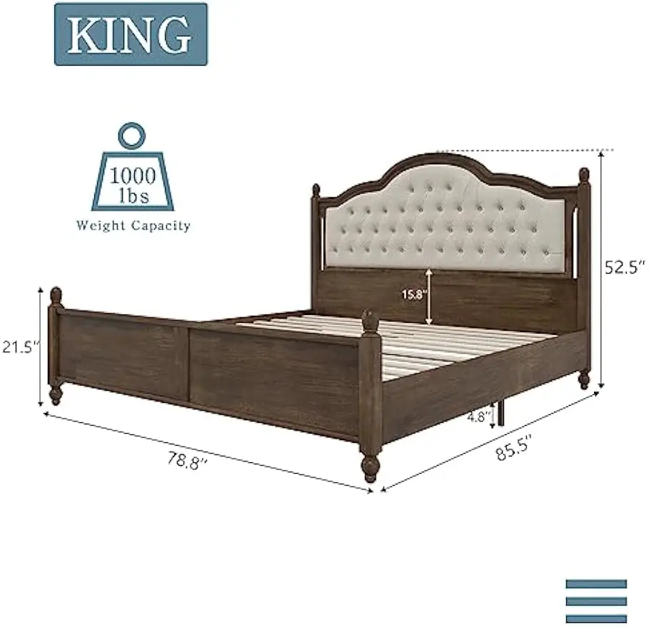 King Size Wood Bed Frame with Upholstered Headboard, Solid Platform Bed with Linen Tufted, No Box Spring Needed, Walnut.