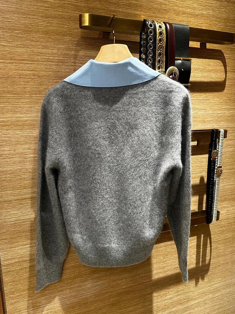 V-Ne Knitted Sweater Fake Two-Piece Casual Sle Soft Fabric Long Sve Women's Top for Autumn Season Chinese Manufacturer