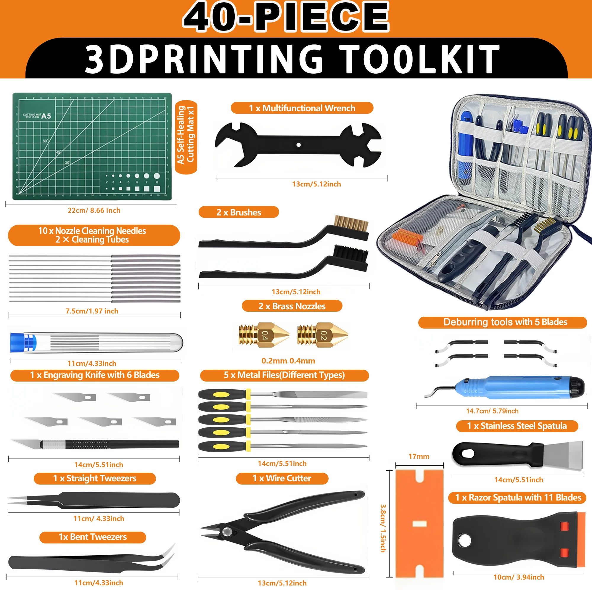 3D Printer Tools Kit, 40pcs 3D Printer Accessories for All FDM/SLA Printers Includes Nozzle Cleaning Tools, Removal Scrapers