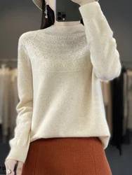 Spring Autumn New Women Pullover Mock-neck Basic Sweater 100% Merino Wool Hollow Solid Cashmere Knitwear Female Bottoming Shirt