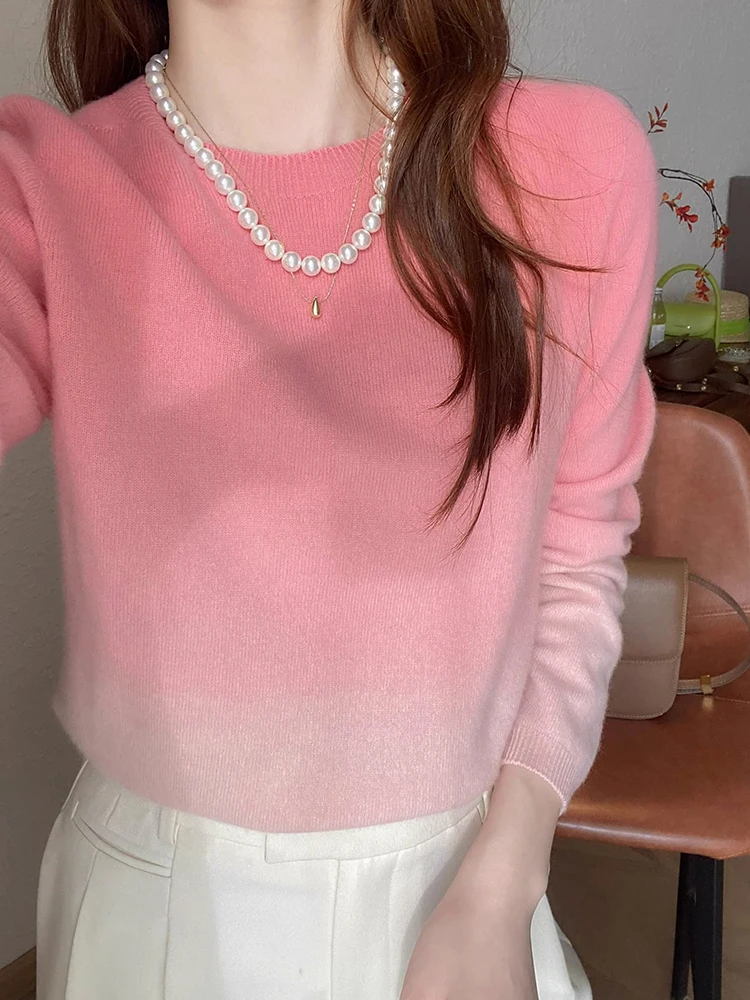 

Laid-ba Loose Casual Design Gentle Sweet Long Sve Soft adient Color Knitwear Sweater Korean Sle Low round Ne Top