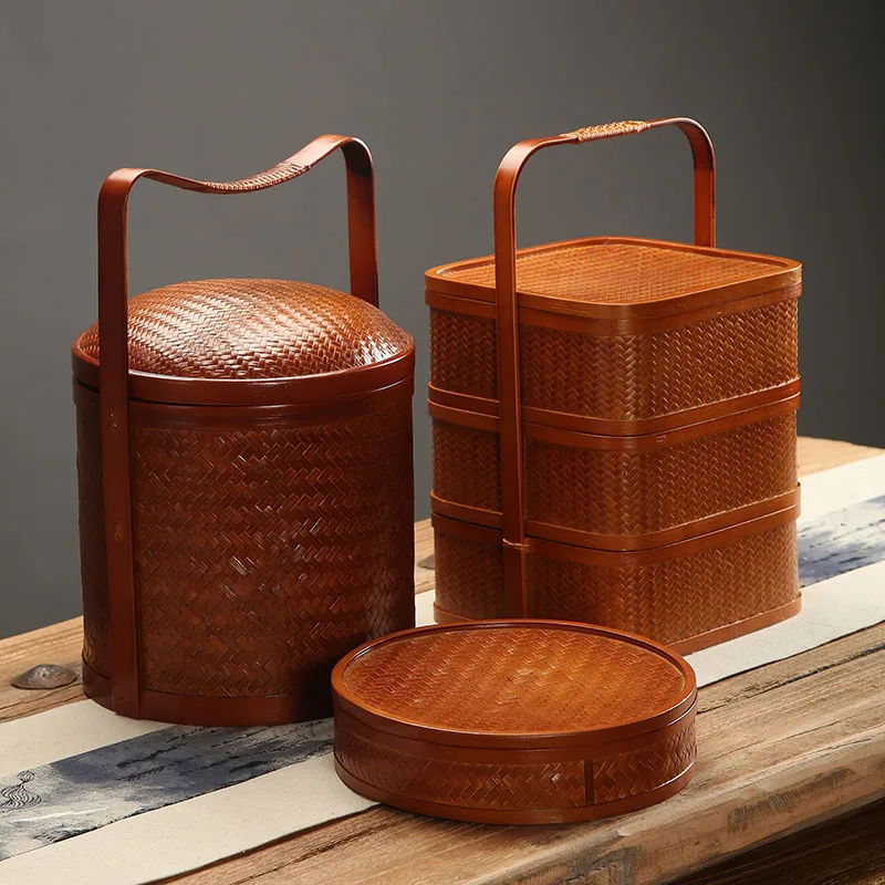 

Bamboo Woven MultiLayer Retro Food Box Portable Picnic Fruit Basket Chinese Tea Ware Storage Bento Storage Basket