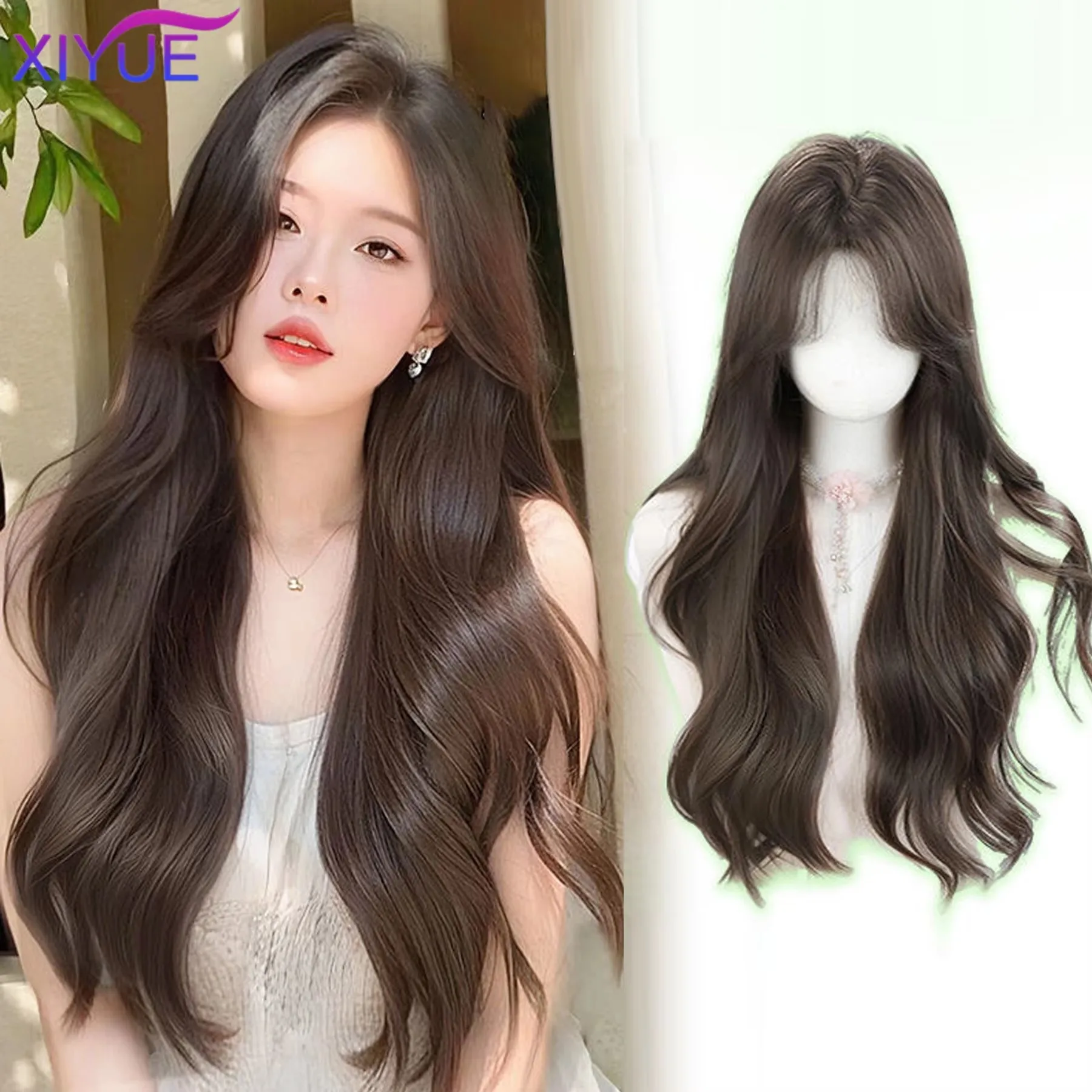 

XIYUE Synthetic Wigs Synthetic Long Curly Wave Wigs with Bangs for Women Cool brown Daily Cosplay Hair Wigs Heat Resistant
