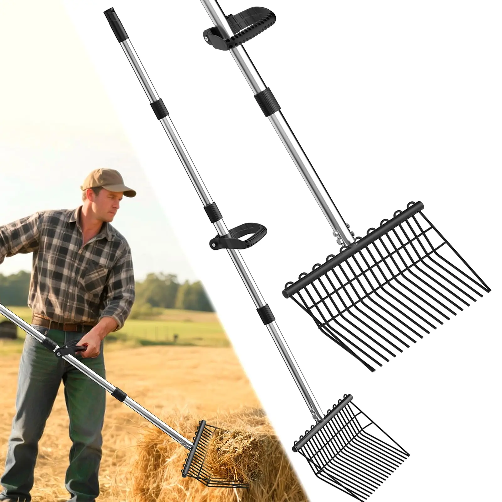 Pitch Forks for Garden Non-Slip Adjustable Steel Handle Durable Broadfork for Turning Mulch and Hay Gardening Pitchfork