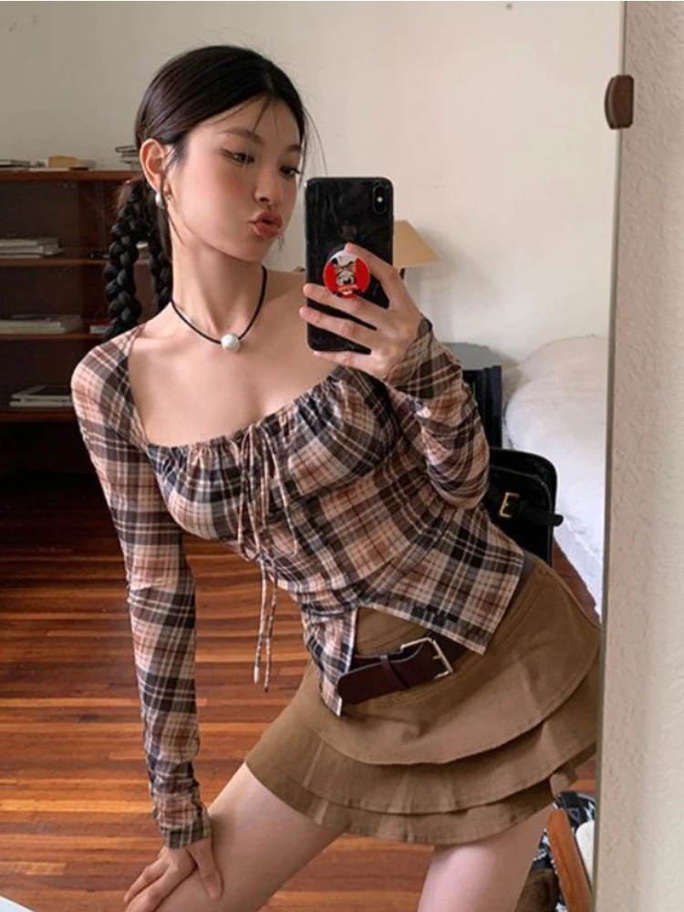 Deeptown Y2K Vintage Plaid Blouse Women Harajuku Square Collar Cropped Shirts Korean Sexy Slim Sunscreen Corset Tops Spicy Girls