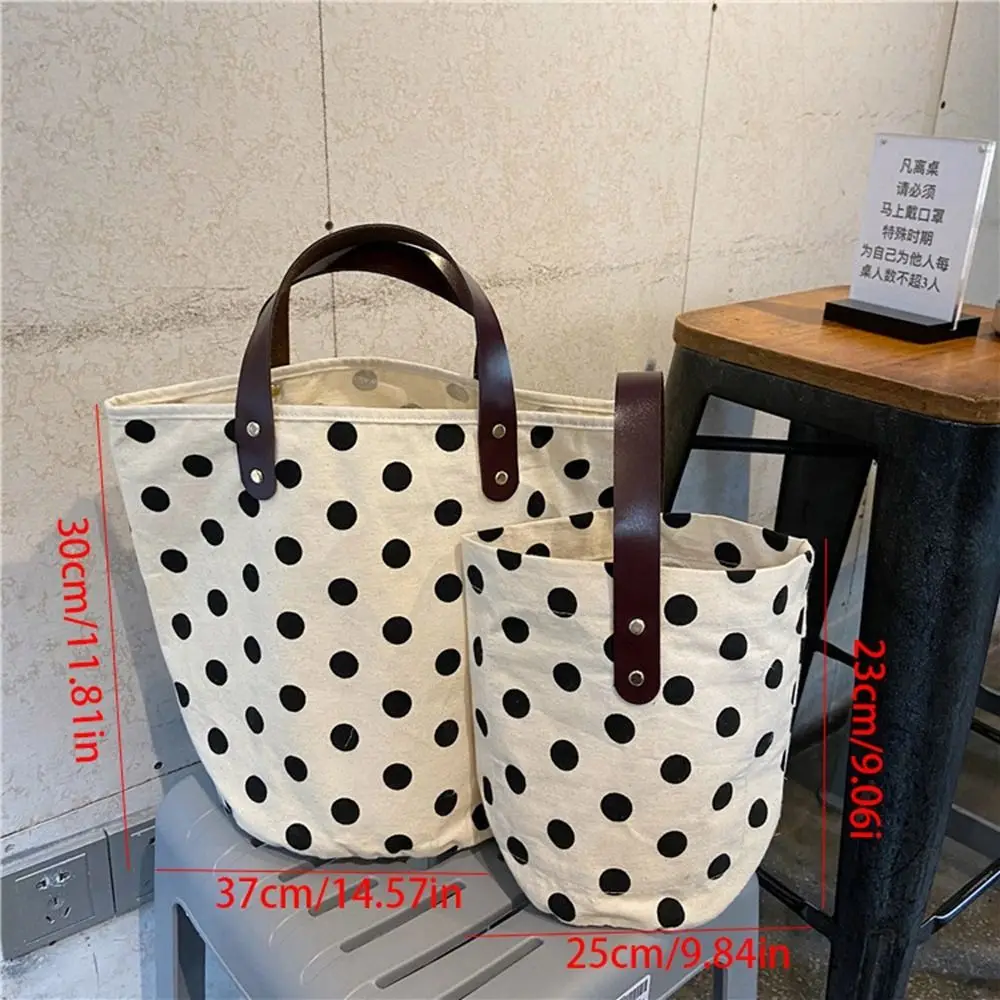 Wave Point Polka Dot Canvas Bucket Bag Simple Large Capacity Korean Style Handbag Lunch Bag Tote Bag Mummy Bag Storage Bag