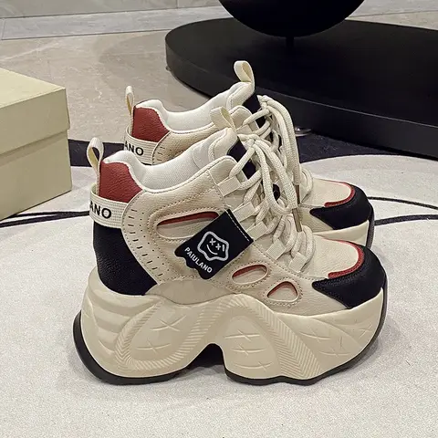 여성용 용수철 청키 스니커즈, 레이스업 플랫폼 스포츠 신발, 두꺼운 바닥 하이힐, 10cm 웨지 스니커즈, 가을 신상