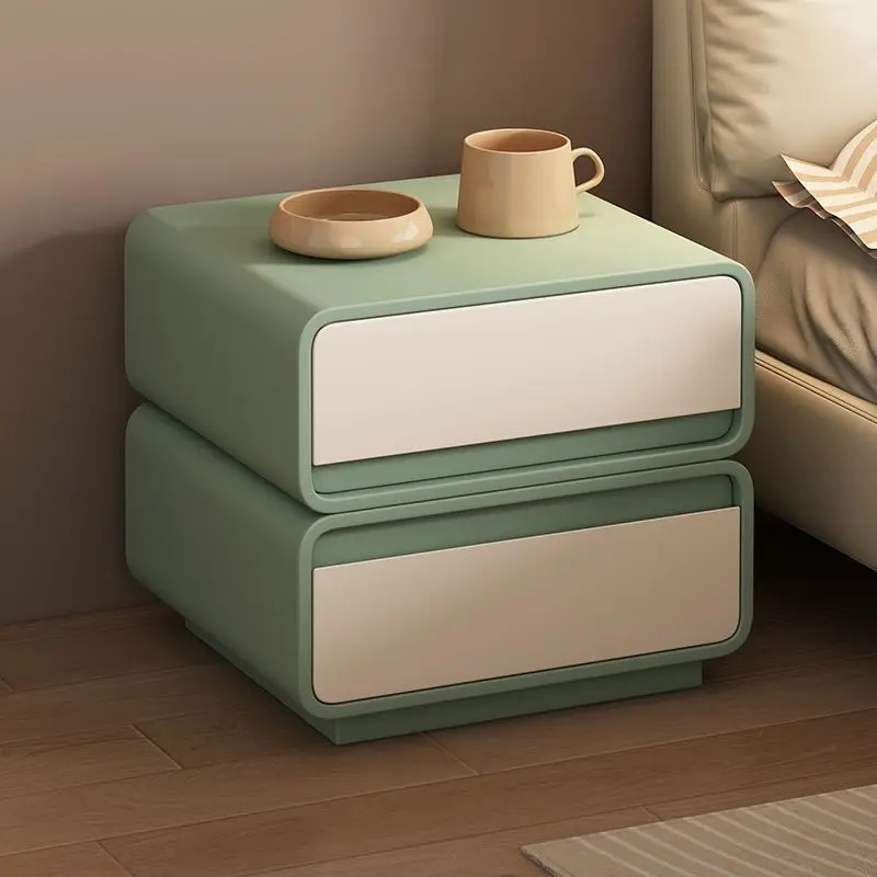Italian Minimalist Contrasting Color Double Bedside Table Rounded Corner Double Drawer Cream Style Eco-Friendly Hotel Bedroom