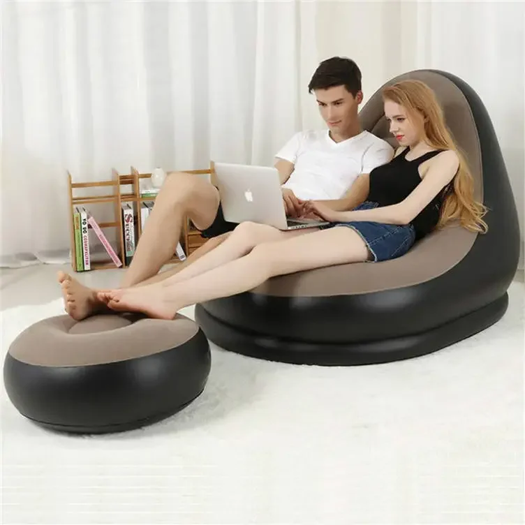 【50% Discount】 Inflatable Lounger with Footstool Ottoman Chaise Lounge Recliner Outdoor Portable Camping Couch Garden Chair Pouf