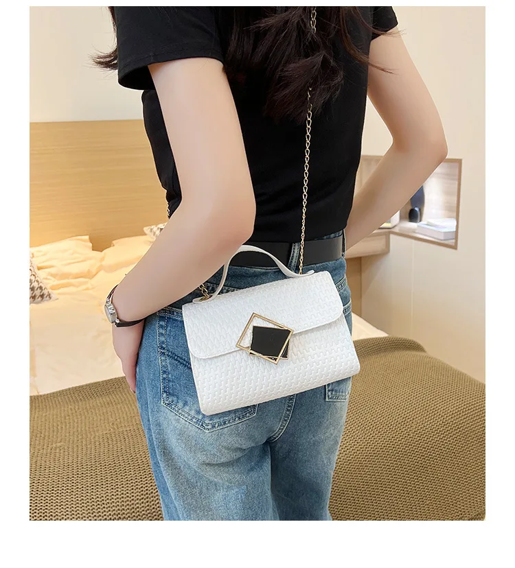 Women\'s Bag Square Block Lock Buckle Single Shoulder Square  Chain Stripe Embossed Casual Simple Handheld Diagonal Straddle Bag