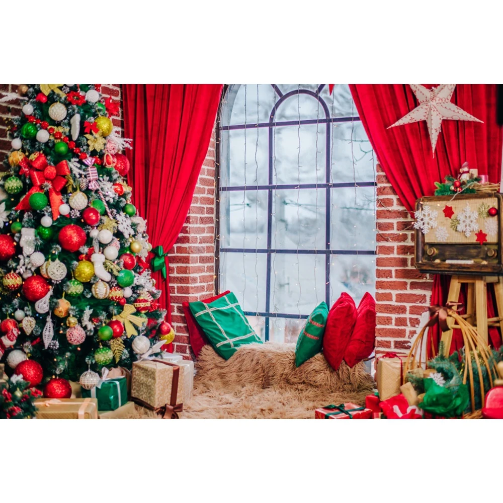 Christmas Window Backdrop Winter Wonderland Snow Tree Reindeer Santa Festival Party Photography Background Decor Photo Studio