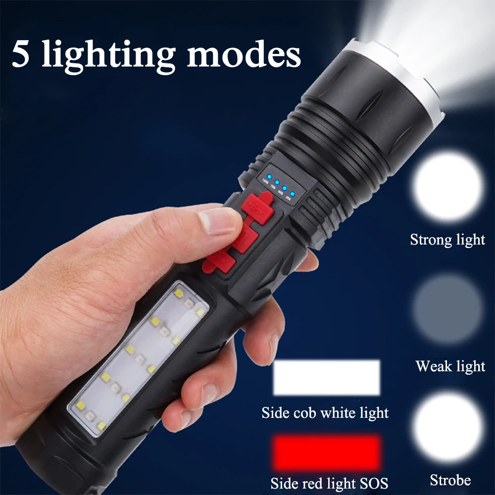 Multifunctional XHP50 LED Flashlight Waterproof Torch Telescopic Zoom Flashlight Rechargeable Flashlights with a buzzer alarm