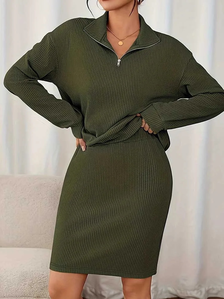 

Knitted Set Woman 2 Pieces Autumn Clothes Plus Size Pullover Zip Top and Long Skirt Set Elegant Casual Green Outfits Long Sleeve