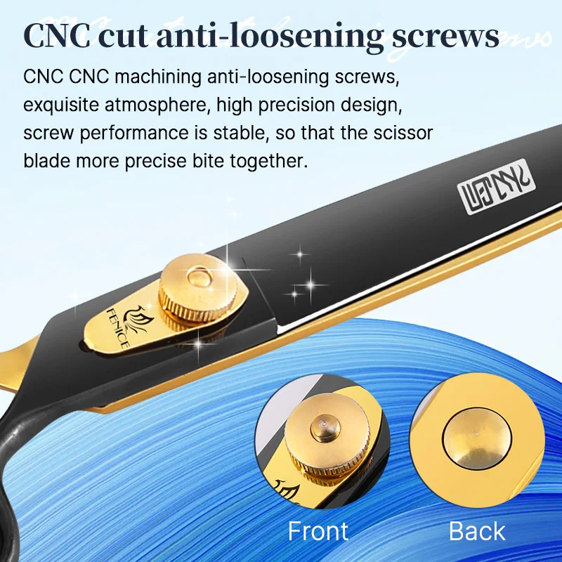 Fenice Professional Dog Scissors JP440C 7.0/8.0 inch 3-hole handle swivel black gold straight cutting pet grooming scissors