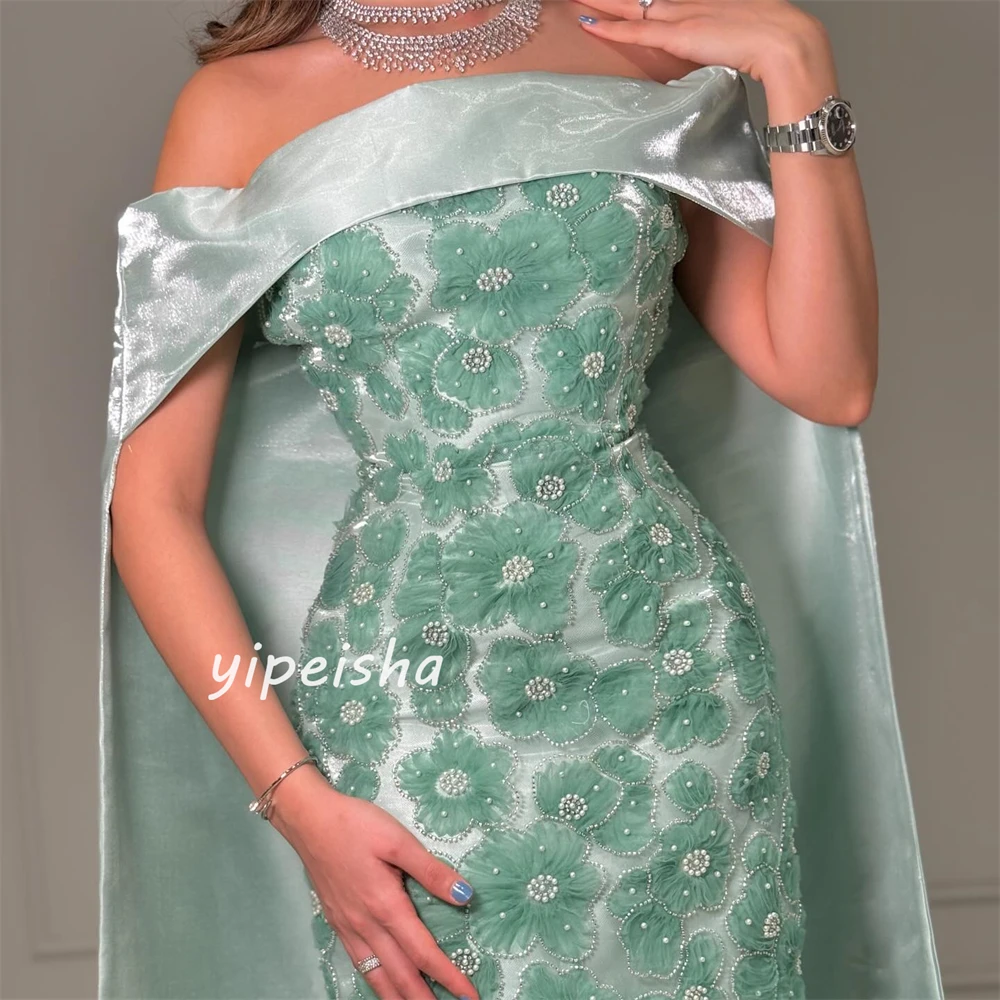 Customized Satin Flower Beading Ruched Cocktail Party A-line Off-the-shoulder Bespoke Occasion Gown Long Dresses