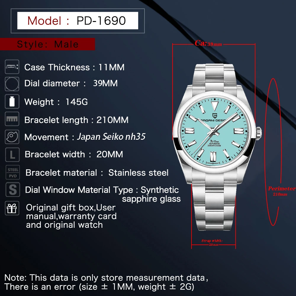 PAGANI DESIGN PD1690 Fashion Men\'s Automatic Mechanical Watch Sapphire Glass Stainless Steel 100m Waterproof Clock Gift for Men