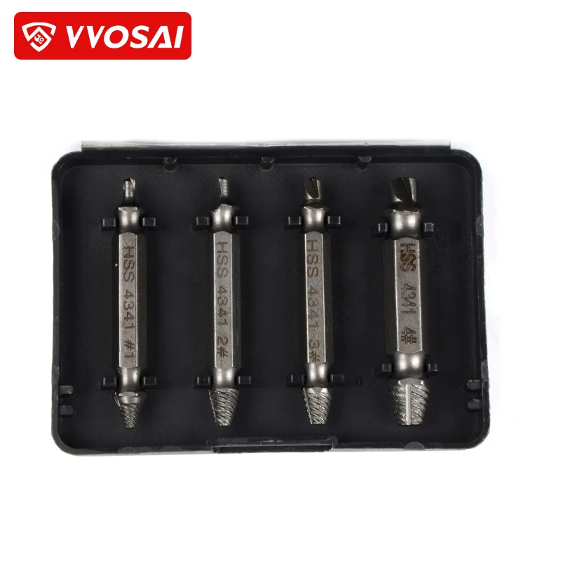 VVOSAI HHS Steel 4Pcs Screw Extractor Drill Bits Guide Set Broken Damaged Bolt Remover Double Ended Damaged Screw Extractor