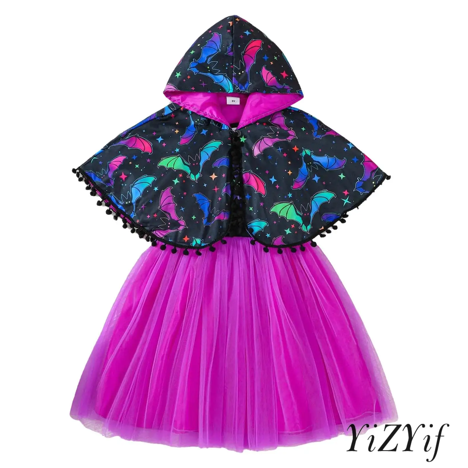 

Gothic Bat Costume Set for Girls Deluxe Mesh Ruffled Dress with Matching Hooded Cloak for Halloween Role Play And Theme Parties