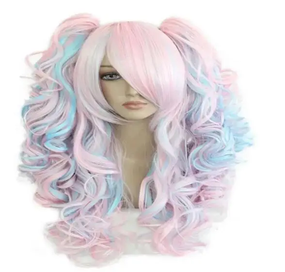 

Women 70cm Long Blue Mixed Pink Wavy Braided 2 Ponytails Synthetic Party Cosplay Wig 30 Colors Available