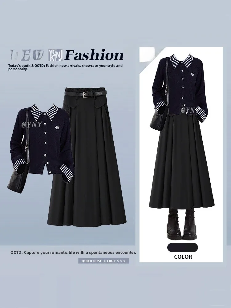 

Женский комплект из топа и юбки в полоску Preppy Sle, зимний комплект Faion Long Sve Fake, двухсекционная зимняя коллекция для колледжа