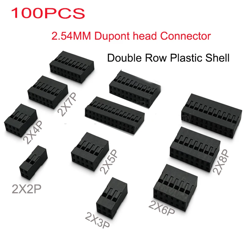 100pcs Dupont head 2.54MM Double Row Plastic Shell Connector Plug 2x2P/3P/4P/5P/6P/7P/8P/9P/10P Jumper Wire Cable Housing