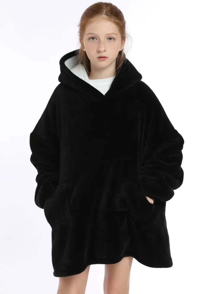 Winter Sherpa Blanket Teens Hoodie Winter Sweatshirts for Girls Boy Thick Warm Fleece TV Blankets Oversized Hooded Coat For Kids