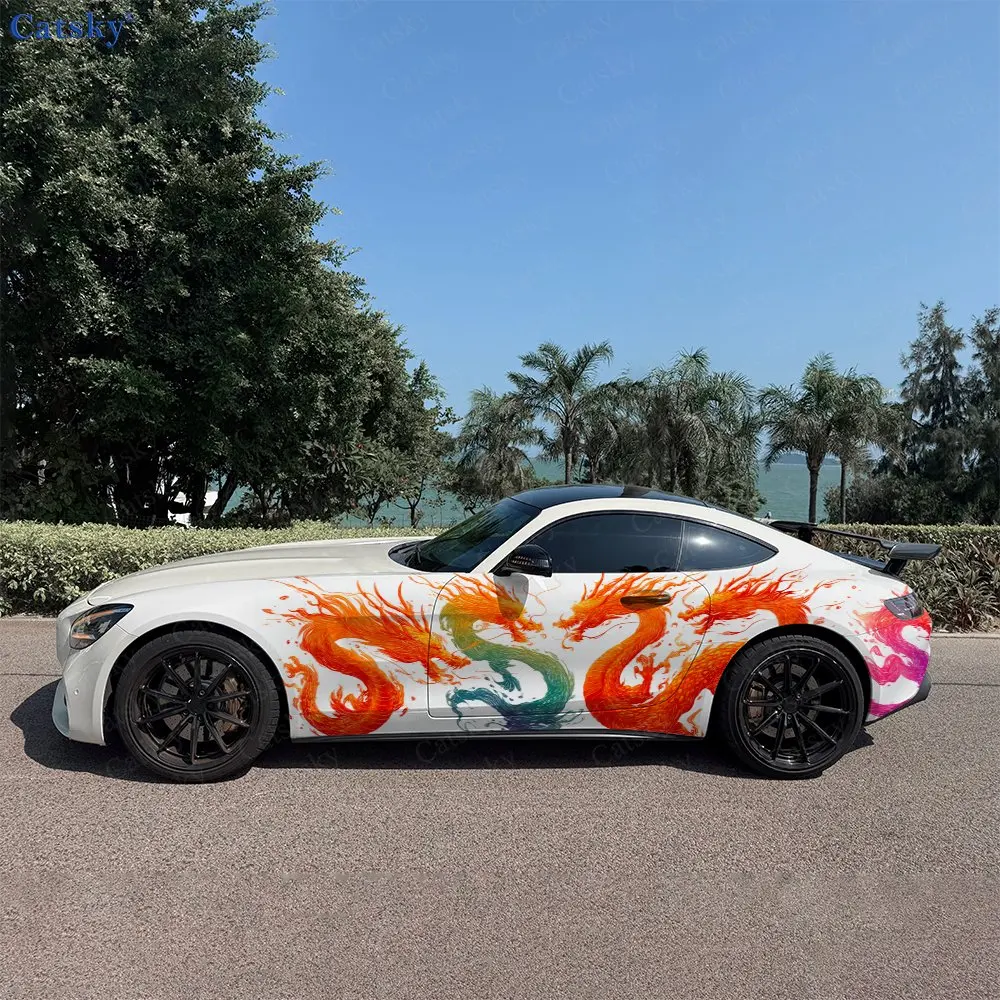 

2pcs Eastern Twin Dragons Flame, Durable, Fade-resistant, Enhance Vehicle Aesthetics With Bold Artistic Design Car Vinyl Wraps