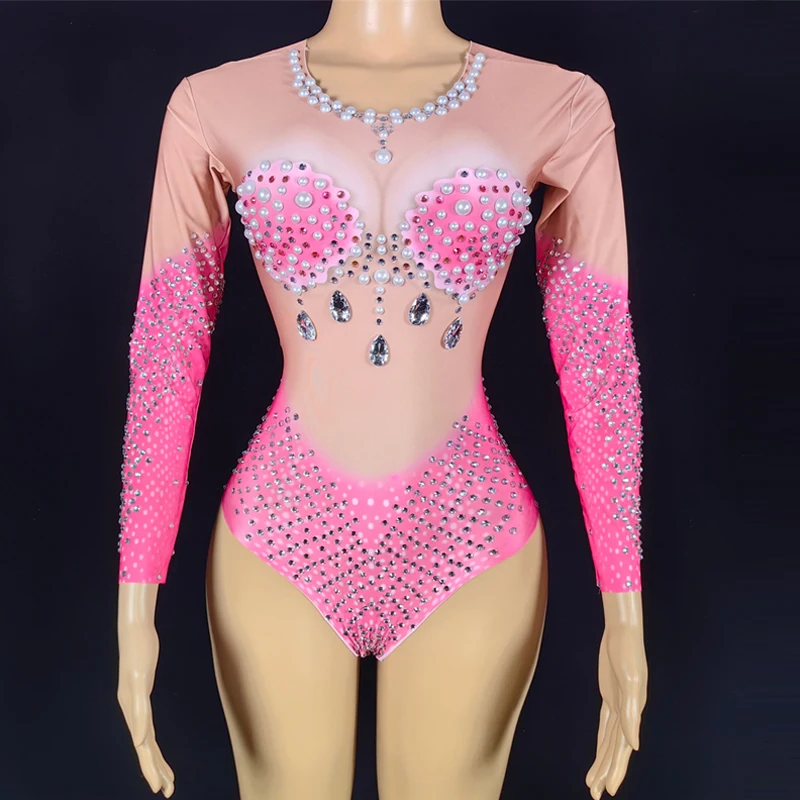9 kleuren sexy mesh parels strass bodysuit vrouwen nachtclub halloween gogo kostuum vieren party outfits stadium slijtage xs10110