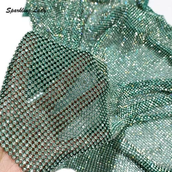 Sparkle Metal Crystal Fabric for Garment Bags Bling Shiny Green Aluminum Mesh Glass Diamond Chain Fabric DIY Body Jewelry