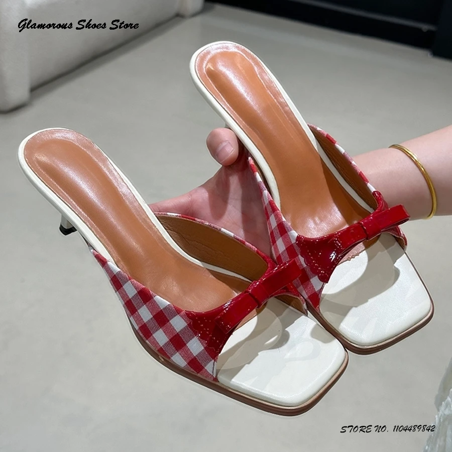 

Модные тапочки в клетку с милым бантом и квадратным открытым носком, повседневная обувь на каблуке «котенок», женские летние офисные платья, трендовые сабо