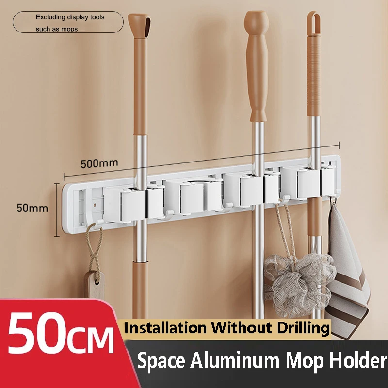 Wall Mounted Mop Holder 3/4/5 Position Multi-Functional Broom Hanger Shelf Home Kitchen Storage Magic Aluminum Alloy Mop Holder