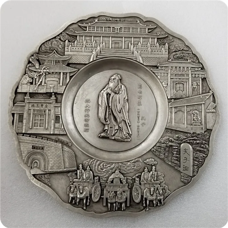 Handicraft Confucius Ornament Dragon and Phoenix Silver Round Plate Decoration#311