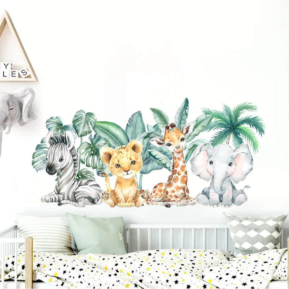 Cartoon Cute Elephant Giraffe Zebra Animal Jungle Watercolor Wall Sticker Vinyl Baby Nursery Art Decals for Kids Room Home Decor