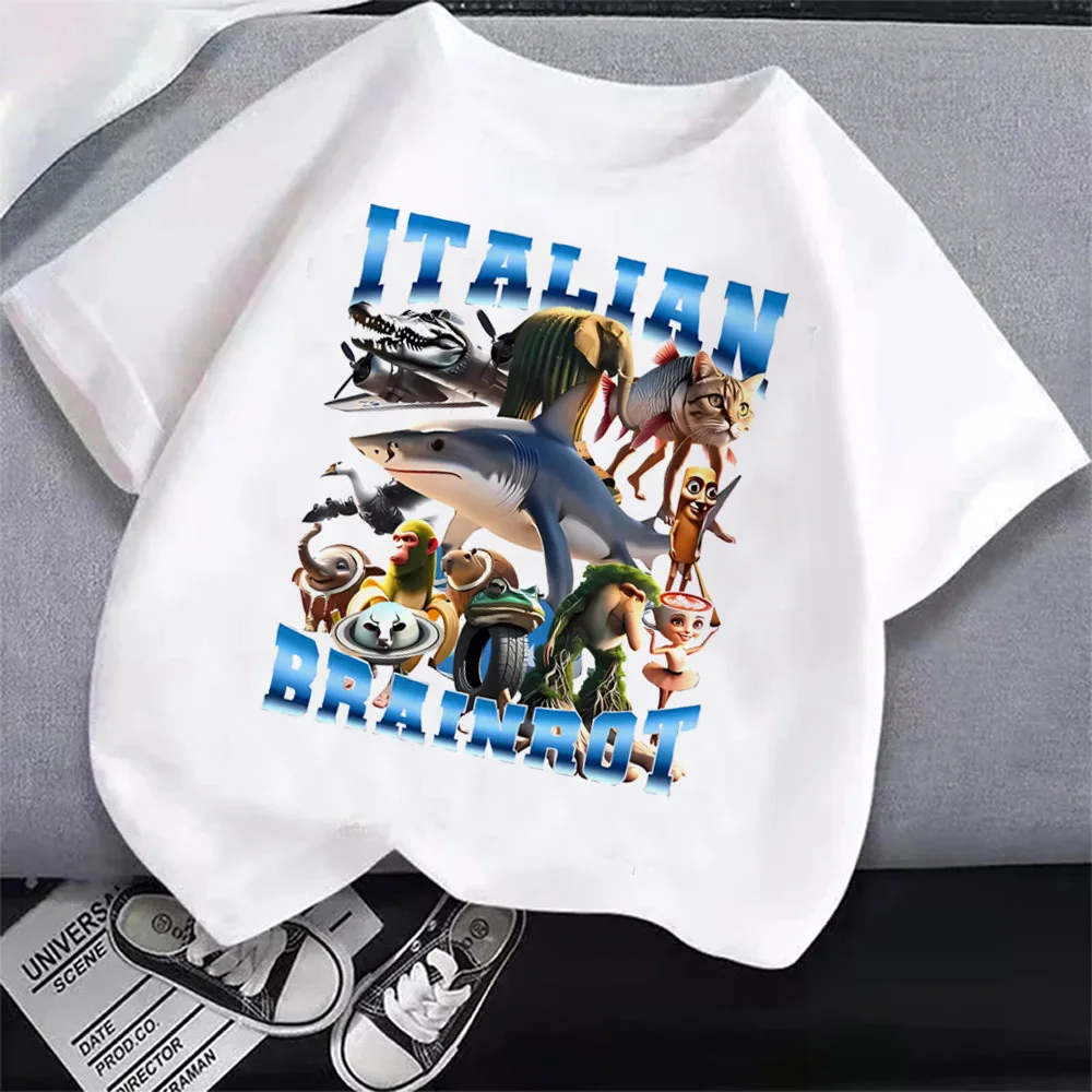 Italian Brainrot T Shirt Kids Cartoon Anime Meme Print Clothes Round Neck Basic Boys Tops Absorbent Casual Shirts