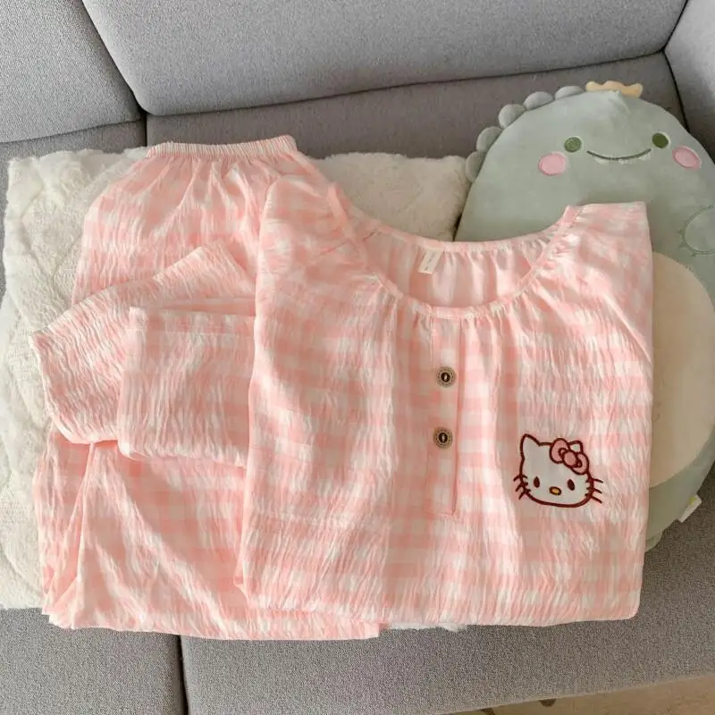 

Комплект пижамы Sanrio Hello Kitty из облачного хлопка для женщин: весенне-осенняя домашняя одежда, милая, нежная, с длинными рукавами и брюками, новая ночная одежда