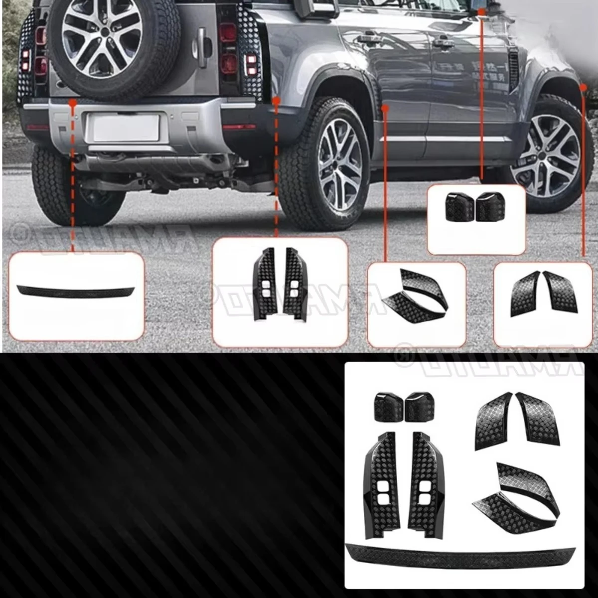 ランドローバー-ディフェンダー-130-110-90-スクラッチキット-耐傷性-リアビューミラーカバー-テールゲートトリムストリップ-テールライトカバー