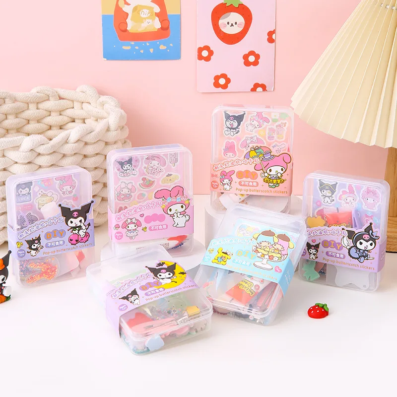 Sanrio Sticker Set Kawaii Mymelody Kuromi Cinnamoroll Korea Cartoon Cream Gel Diy Hand Ledger Hairclip Material Accessories Toys