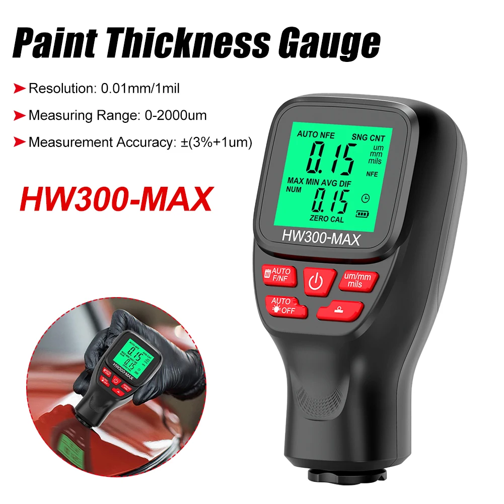 

HW300-MAX Manual Car Coating Thickness Gauge 0–2000 µm Car Paint Film Gauge Thickness Tester Fe & NFe Auto Paint Detector
