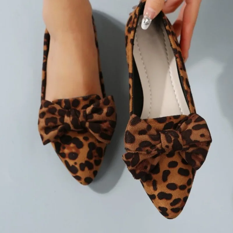 2024 Fashion Women's Shoes Leopard Print Women's Flats Hot Sale Butterfly-knot Office and Career Sexy Pointed Toe Flat Low Heels