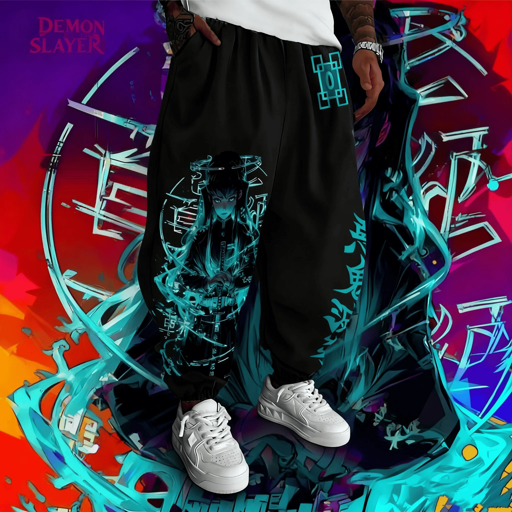 Anime Demon Slayer Character Time Transparant Geen Ichiro Gedrukte Broek 2025, Herfst/Winter Nieuwe Heren Dames Hip Hop Katoenen Broek
